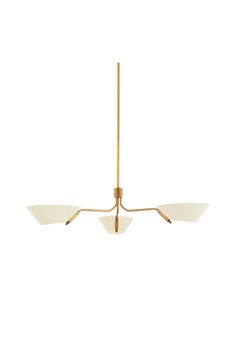 three light brass chandelier with white glass shades