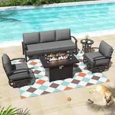 an outdoor fire pit with four chairs and a dog on the rug next to it