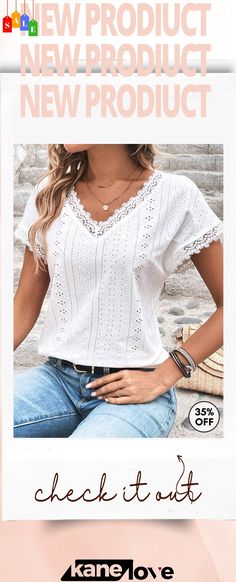 White Lace Short Sleeve V Neck T Shirt White V-neck Casual Top, Casual White V-neck Top, White V-neck T-shirt For Summer, White V-neck Short Sleeve Top For Summer, Casual White V-neck Short Sleeve Top, White V-neck Summer Top, White Relaxed Fit V-neck Short Sleeve Top, White Relaxed Short Sleeve Top For Spring, White Relaxed Fit Short Sleeve Top For Spring