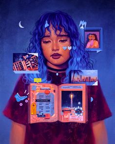 a painting of a girl with blue hair holding an open book in front of her face