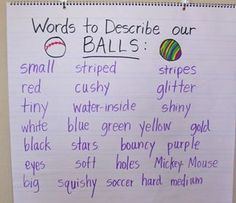 a bulletin board with words to describe balls