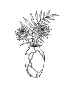 a black and white drawing of flowers in a vase