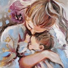 a painting of two children hugging each other