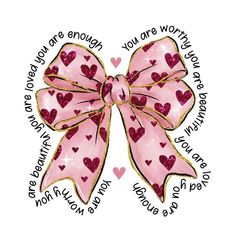 a pink bow with hearts on it and some words written in different languages around the bow