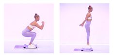 the woman is practicing her yoga moves in front of a white background and back to back