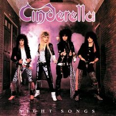 the band cinderella posing for a photo in front of a purple and black background with their name