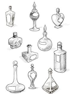 an image of various bottles drawn in pencil