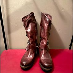 Barely Worn Reddish Brown As98 Boots. Vintage Brown Knee-high Moto Boots, Classic Brown Ankle-high Moto Boots, Brown Knee-high Boots With Buckle Closure And Round Toe, Brown Ankle-high Moto Boots With Zipper, Brown Ankle-high Moto Boots Medium Width, Reddish Brown, Shoes Heels Boots, Heeled Boots, Shoes Women Heels