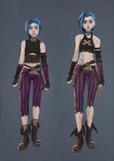 two renderings of a woman with blue hair and purple pants, one is wearing black boots