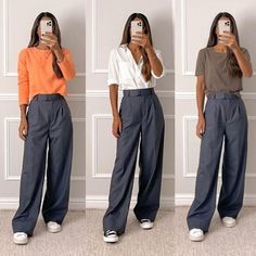 Casual Outfits With Slacks Women, Gray Pleated Pants Outfit, Dark Gray Wide Leg Pants Outfit, Outfits With Grey Slacks Women, Dark Grey Dress Pants Outfit Women, Women Slacks Outfit Casual, Office Outfit Summer 2023, Charcoal Gray Pants Outfit, Wide Leg Slacks Outfit Business Casual