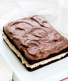 a chocolate cake sitting on top of a white plate