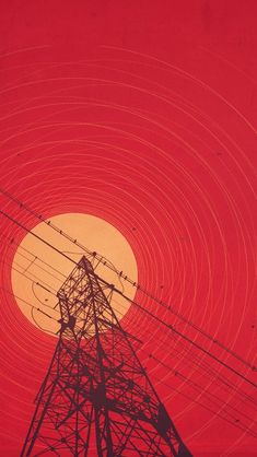 the sun is setting behind an electric tower with many wires in front of red sky