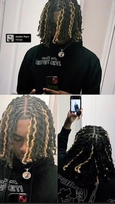 Blonde Loc Highlights, Dreads With Highlights Men, Twist Out Locs Men, Dread Hair Color Ideas Men, Curly Dreads Men Locs, Mid Taper With Curls, Black Dreads With Blonde Highlights Men, Locs Hairstyles For Man, Dyed Men Locs