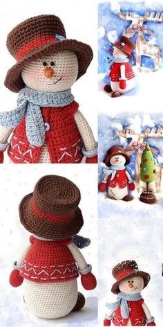 crocheted snowman with hat and scarf in four different poses, including one wearing a red dress