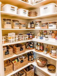 an organized pantry with baskets and food items