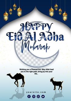 happy eid al adha mubarah with two camels in the background