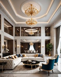 an elegant living room with chandelier and couches