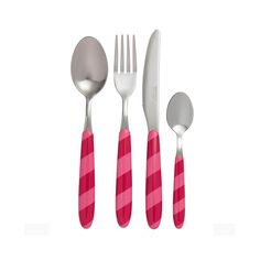 three forks, two spoons and one knife with pink stripes on the handles are shown