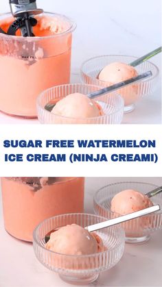 three bowls filled with ice cream on top of a white table next to an orange bowl