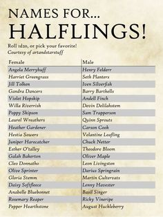 a list of names for halflings in the harry potters series, which is written on