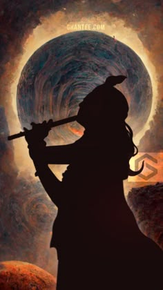 the silhouette of a man holding a baseball bat in front of a painting with an abstract background