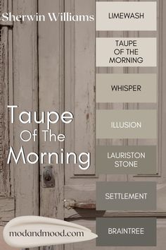 Sherwin Williams Taupe of the Morning color strip features Limewash, Taupe of the Morning, Whisper, Illusion, Lauriston Stone, Settlement, and Braintree, swatched over a photo of a taupe colored door. Benjamin Moore Smokey Taupe, Sherwin Williams Taupe, Taupe Of The Morning, Perfect Greige, Smokey Taupe, House Color Palettes, Paint Color Schemes, Neutral Paint Colors