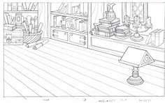 a drawing of a room with bookshelves and other things on the shelves in it