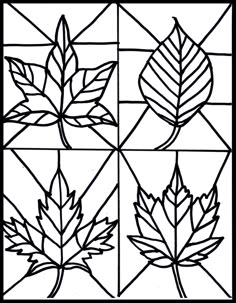 four different leaves are shown in black and white, each with one leaf drawn on it