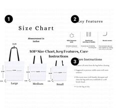 the size chart for an tote bag, with measurements and instructions on each side