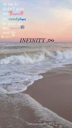 an ocean beach with waves crashing on it and the words infinity written below