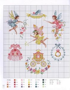 the cross stitch pattern shows four different fairy designs