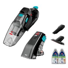 two vacuums and cleaning supplies on a white background