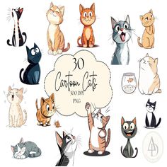 a bunch of cats that are sitting in front of a white sign with the words 30 curious cats around it