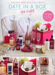 a collage of different items that include wine, soaps, and bath products