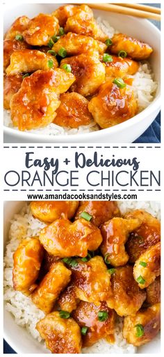 an image of orange chicken on rice with chopsticks in the foreground and text overlay that reads easy delicious orange chicken