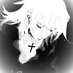 an anime character with white hair and cross on his face, in black and white