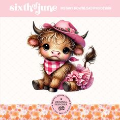 a digital painting of a baby cow wearing a pink hat and dress with flowers on it