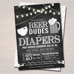 "BEER, DUDES AND DIAPERS MAN SHOWER INVITE! Awesome beer man shower party invite is great for throwing a fun dad diaper shower! Features a faux chalkboard background and trendy graphics! A great invite to use when hosting a fun man shower party for the dad to be! *MOST ALL TEXT IS EDITABLE SO MAKE IT SAY WHATEVER YOU WISH! Use for dad shower, baby showers, baby sprinkles, gender reveal parties, couples showers and more! FULL EDITING OPTIONS WITH TEMPLETT! TRY THE DEMO NOW - Just copy and paste t Dudes And Diapers Party, Trendy Graphics, Diaper Party, Man Shower, Baby Is Brewing, Chalkboard Printables, Invitation Text, Chalkboard Background, Baby Invitations