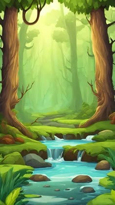 a river flowing through a lush green forest