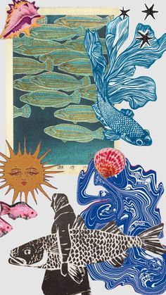 an artistic collage with fish, stars and water lilies in blue, pink, yellow and green