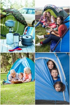 four pictures of people sitting in tents and camping