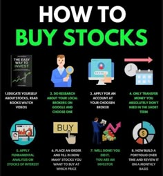 how to buy stocks info graphic on black background with green and white text that says, how to buy stock