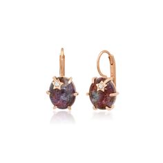 14k gold 10x12mm ruby kyanite 1.2" drop .03 tcw Gold weight approx. 5.95 grams Galaxy Rose, Ruby Kyanite, Kyanite Earrings, Custom Initials, Quartz Earrings, Rutilated Quartz, Rose Gold Earrings, White Diamond, Ruby