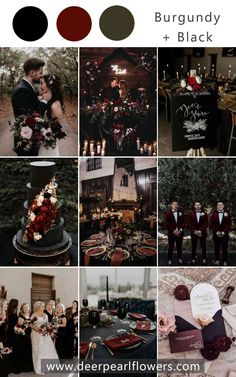 a collage of wedding photos with burgundy and black