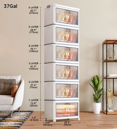 a tall white cabinet with five drawers and measurements for the top shelf in front of it