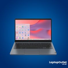 an open laptop computer on a blue background