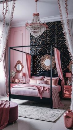 a bedroom decorated in pink and black with a canopy bed, chandelier, rugs, and pillows