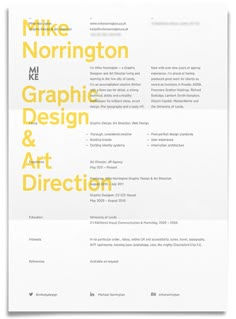 a white and yellow resume with the words graphic design and art direction