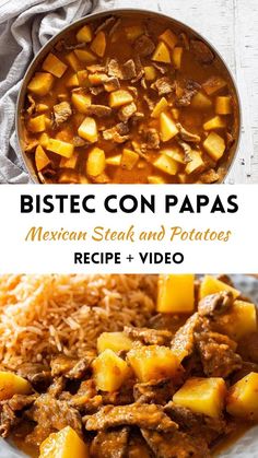 collage of bistec con papas with text overlay Authentic Carne Guisada Recipe, Carne Guisada Recipe Mexican, Bistec Recipe, Mexican Pork Recipes, Easy Mexican Dishes, Mexican Steak, Recipes Using Pork, Meat And Potatoes Recipes, Spicy Steak