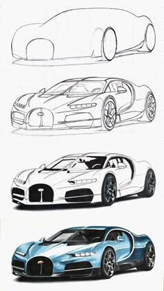 three different types of sports cars are shown in this drawing technique, one is blue and the other is white